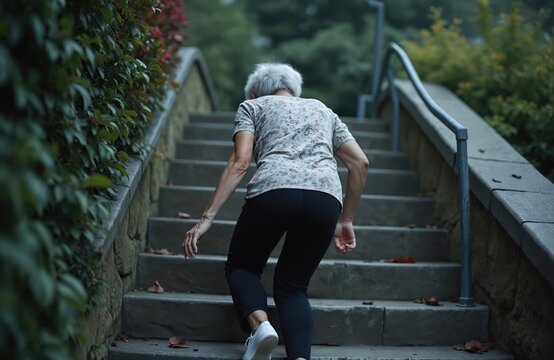 Elderly woman struggles to climb outdoor stairs, showing frailty and risk of falling. She appears weak and alone, potentially facing an accident or health crisis on the steps.