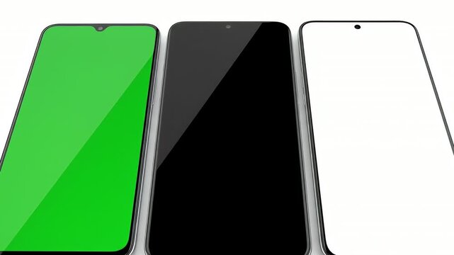 Three modern smartphones standing side by side with green screens for chroma key mockup AI Generated