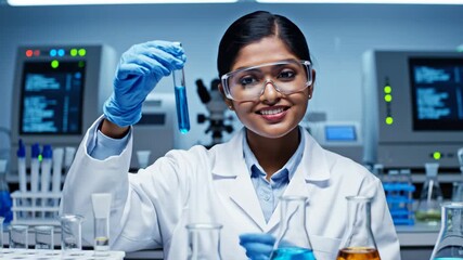 Scientist Examining Chemical Sample in Laboratory - A smiling female scientist is holding a test tube with a blue liquid, observing it closely in a modern laboratory. - Powered by Adobe