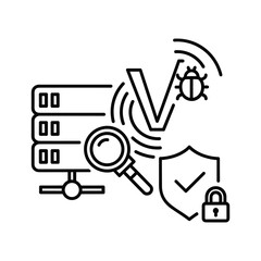 Cybersecurity data protection shield, server scan, virus detection outline icon