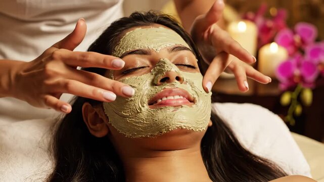 Woman Receiving Facial Mask Treatment at Spa - A woman is shown relaxing with a green mud mask applied to her face while a spa professional massages it in.