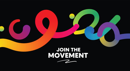 Colorful abstract swirls on black background with join the movement text