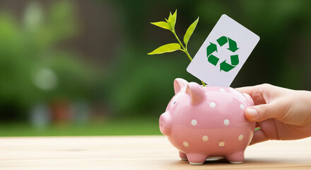 Hand Inserting a Recycle Symbol Plant Card into a Piggy Bank Representing Sustainable Investment and Eco-Friendly Finance Growth Concept
