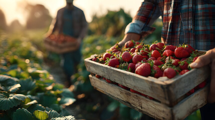 Farmer harvesting strawberries in rural field at sunrise