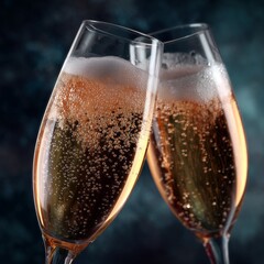 Close-up of two champagne glasses toasting with golden sparkling bubbles on a dark festive background, perfect for celebration, New Year&rsquo;s Eve, weddings, success and elegant party themes.