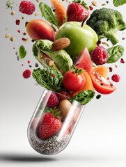 Colorful mix of fruits, vegetables and nuts bursting from a transparent capsule against a white background, symbolizing natural vitamins, immunity support, healthy nutrition and organic wellness suppl