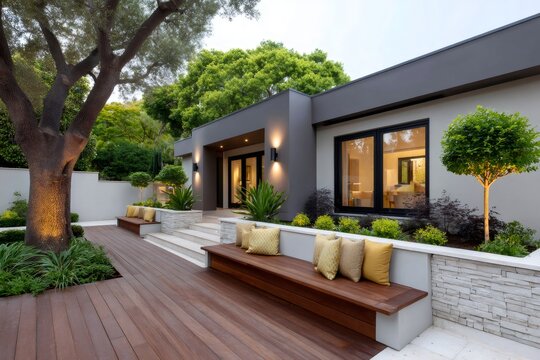 Modern house facade with exterior landscaping and patio