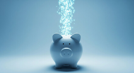 Glowing Lightning Energy Beam Hitting a Piggy Bank Representing Power, Financial Technology, or Electrifying Investment Concept