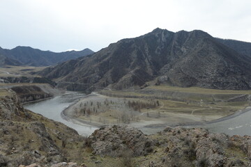 Place of the confluence of the rivers Katun and Chuya in Altai mountains. Siberia, Russia
