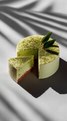 Elegant matcha mousse cake with a cut slice and dramatic shadows, perfect for modern dessert branding, patisserie visuals, and minimalist food art