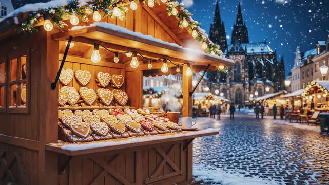 Festive wooden stall adorned with lights displays heart-shaped treats in a snowy market scene, camera pans to capture the enchanting atmosphere