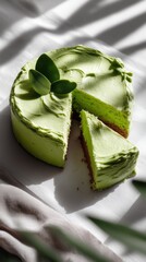 Delicious matcha green tea cake with creamy frosting, sliced and served in natural sunlight, minimal dessert photography perfect for bakery menus, organic sweets, modern food styling and pastel visual