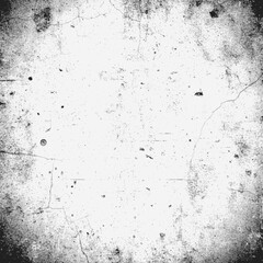 Grungy, distressed black and white texture background. Cracked concrete or plastered wall, highly textured with dust, speckles, and subtle grain. Vignette effect around the edges, vector SVG