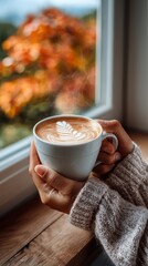 Warm cozy hands holding a latte with leaf latte art by a window, autumn colors outside, comforting seasonal scene for fall mornings, warmth, relaxation, hygge lifestyle and coffee shop inspiration