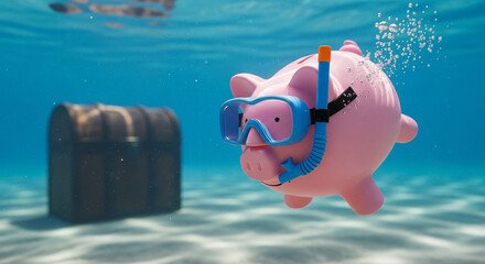 Piggy Bank Underwater with Diving Mask and Treasure Chest perfect for Long-Term Saving, Hidden Wealth, and Investment Exploration Concept