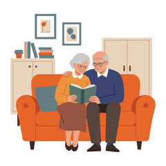 Senior couple reading book together on sofa