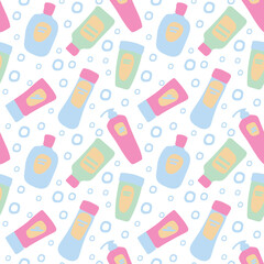 A seamless pattern of hair care products featuring bottles and blue bubbles of water or foam. Health care. Body care. Hair cosmetics. Vector background in a simple style.