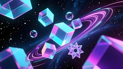 Neon Cubes in Space for a Futuristic and Abstract Digital Background
