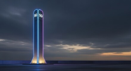 5G cellular communication tower with bright neon light. High speed internet technology and smart city infrastructure concept with blue and pink glow.