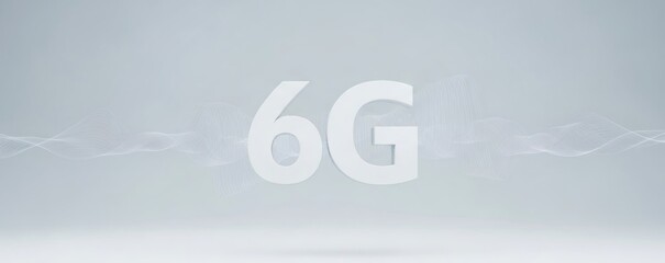 White 6G text with abstract wave lines on a light background. Next generation wireless network technology and future communication concept.