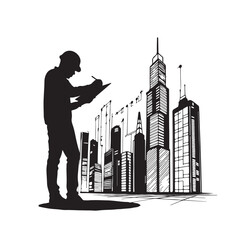 Silhouette of architect in hard hat reviewing plans against a city skyline construction worker