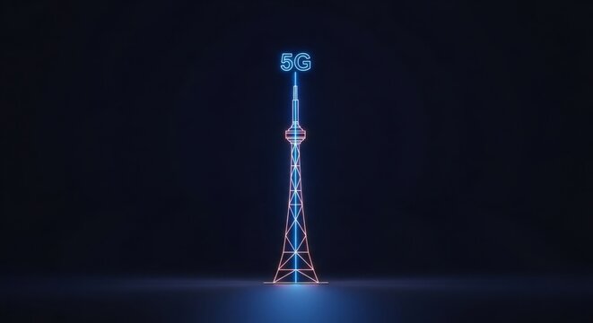 Glowing 5G tower with neon lines. Modern communication network technology. High speed internet connection. Next generation wireless infrastructure concept. - Powered by Adobe