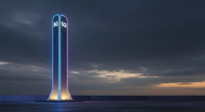5G cellular communication tower with bright neon light. High speed internet technology and smart city infrastructure concept with blue and pink glow. - Powered by Adobe