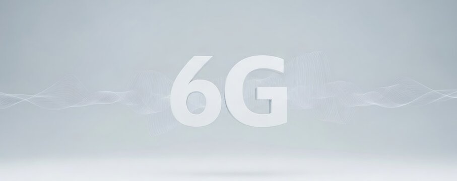 White 6G text with abstract wave lines on a light background. Next generation wireless network technology and future communication concept.