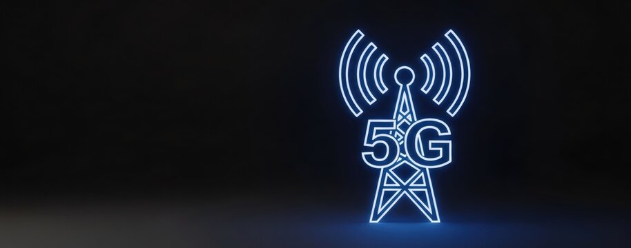 Glowing 5G tower symbol with data waves. High speed wireless network technology concept and telecommunication infrastructure.