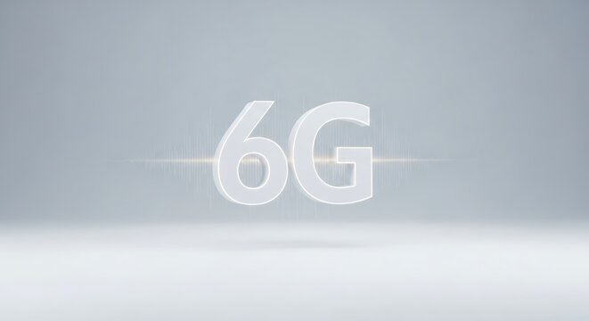 Three dimensional 6g network symbol with glowing data signal on light background. Future generation mobile internet technology.
