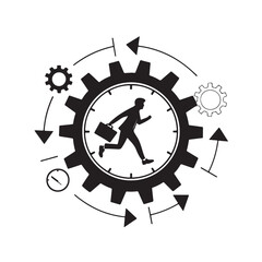 Silhouette of businessman running inside a large gear clock with smaller gears and arrows vector