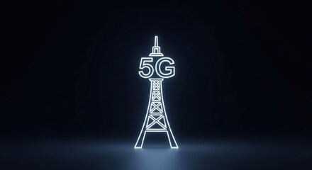 Glowing 5G tower sign on dark background. Fifth generation wireless network concept. High speed digital communication.