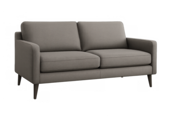 Grey two-seater loveseat sofa on a transparent background, featuring a modern design for home interior decor and comfortable living
