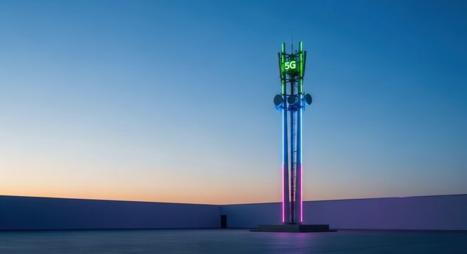 5G cellular communication tower at sunset. High speed mobile network infrastructure with futuristic neon light. Fast internet modern technology concept.