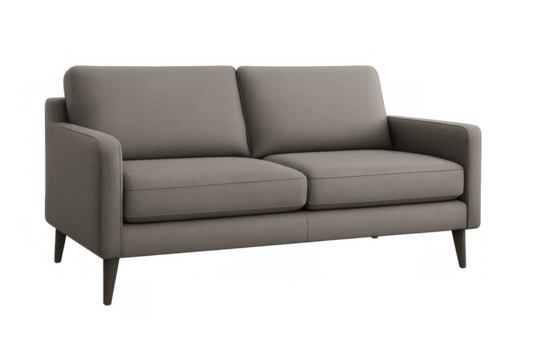 Grey two-seater loveseat sofa on a transparent background, featuring a modern design for home interior decor and comfortable living