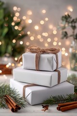 Minimal Christmas gift arrangement with white wrapped presents, cinnamon sticks, and warm bokeh lights