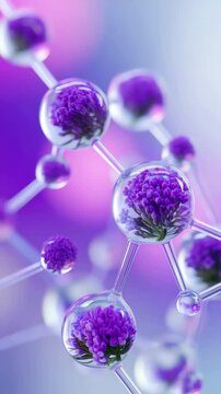 Transparent molecular spheres with purple clover blossoms, botanical encapsulation in cosmetic science, floral encapsulation for fragrance delivery, nanoscience stabilization, carrier systems