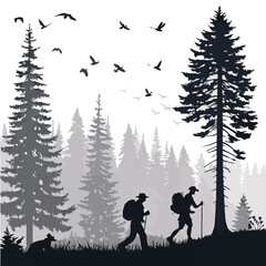Silhouette of Hikers and Dog in a Misty Forest with Flying Birds Keywords: hiking, trekking, forest, wilderness, nature, adventure, outdoors, trees, pine trees, mist, fog, silhouette, dog, animal