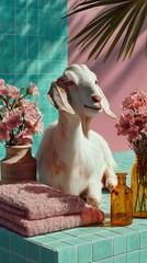 Goat relaxing in a pastel spa scene surrounded by flowers, towels, and soft sunlight
