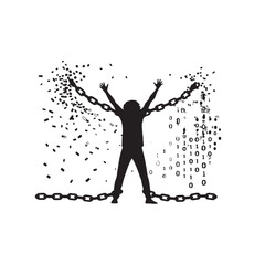 Silhouette of person breaking free from chains with binary code and scattered shapes person silhouette