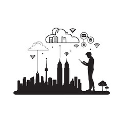 Silhouette of man using tablet with smart city skyline and cloud technology icons vector