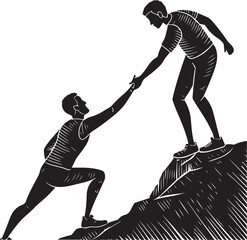 Silhouette of one person helping another climb a rocky mountain peak teamwork support