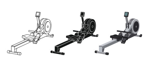 Rowing machines in Three styles vector set line art, silhouette and color version for fitness equipment