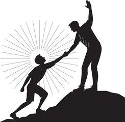 Silhouette of one person helping another climb a hill with sunburst rays teamwork support