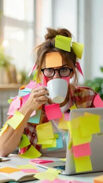 Woman covered in colorful sticky notes sipping coffee at a cluttered desk with laptop open, scattered reminders, to do lists, notebooks, home office multitasking, brainstorming, productivity
