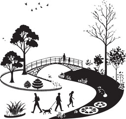 Silhouette of people and dog crossing a bridge in a park with trees and a winding path Keywords: park, silhouette, people, dog, bridge, trees, path, river, grass, bushes, nature, outdoor