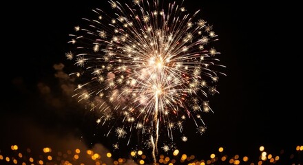 A spectacular golden firework explodes in the dark night sky during a festive holiday, with glowing sparks and trails of light creating a magical display above blurry bokeh lights