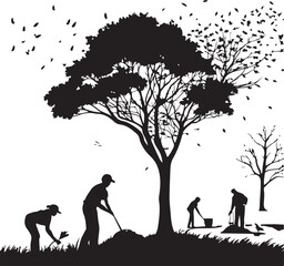Silhouette of people planting trees with bare trees and falling leaves Keywords: silhouette, planting, trees, people, man, woman, child, shovel, gardening, nature, conservation, environment