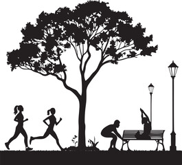 Silhouette of people running and exercising in a park with trees and lampposts Keywords: people, running, jogging, park, silhouette, trees, lamppost, bench, exercising, yoga, fitness, outdoors