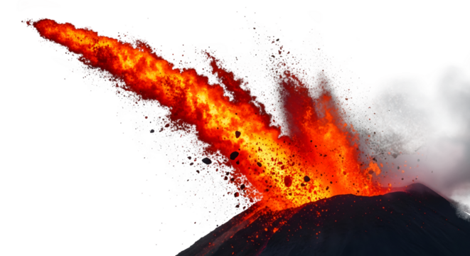 Volcanic Eruption: Witness the raw power of nature as a volcano erupts, spewing forth a river of molten lava against a dynamic sky.